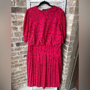 Vintage Two Dees Dress Made in USA Red 80s Floral Sz 16.